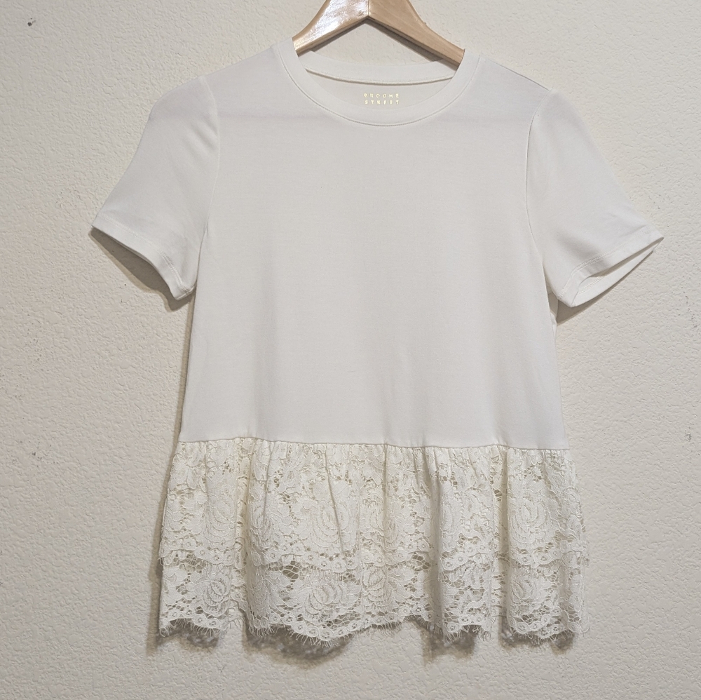 Kate Spade Ivory Lace Ruffle Hem Peplum Tee Blouse Size Xsmall Broome Street